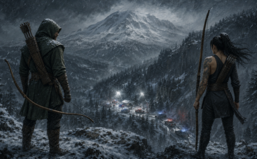 Green Arrow and Shado overlooking a snowy valley as police arrive to investigate the aftermath below