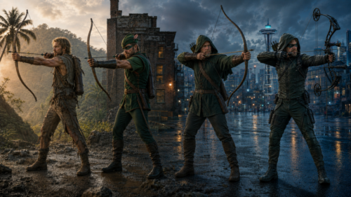 Four versions of Green Arrow representing different stages of Oliver Queen's journey and training