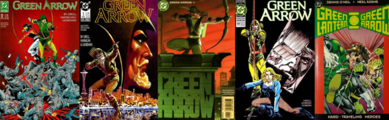 Green Arrow comic book covers showing the character across different eras