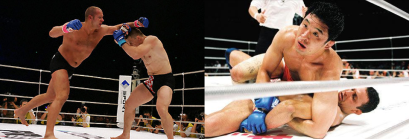 Fedor Emelianenko exchanges strikes with Mirko Cro Cop while Kazushi Sakuraba battles Royce Gracie during two of PRIDE FC's most iconic and influential fights.
