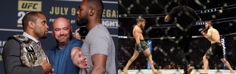 Jon Jones faces Daniel Cormier during their heated championship rivalry while Khabib Nurmagomedov battles Conor McGregor in one of the most anticipated fights in MMA history.