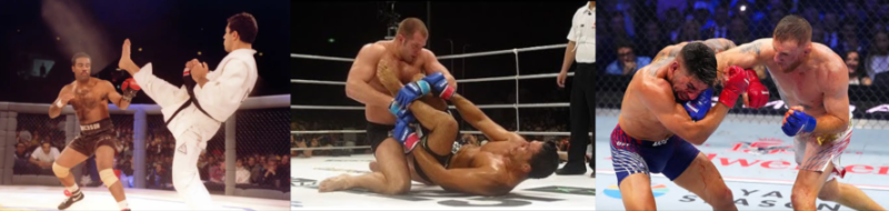Montage showing the evolution of MMA from the early UFC and PRIDE Fighting Championships to modern mixed martial arts.