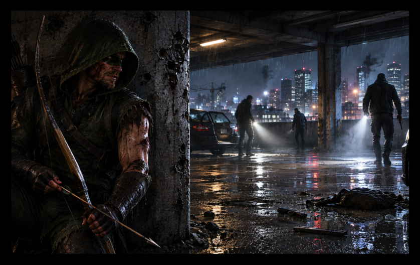 Green Arrow elite workout header featuring a battered Oliver Queen standing in a ruined city street
