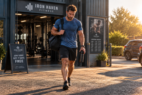 Athlete leaving the gym after an early-morning workout, walking into warm sunlight with his gym bag and water bottle, calm and reflective after a productive session.
