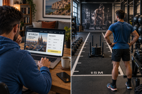 Athlete entering HYROX Barcelona online before reviewing the sled, kettlebells, rower and wall-ball equipment he will need to train for the event.