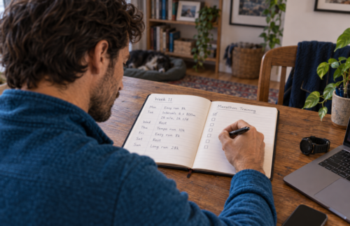 Irish runner planning week 11 of his marathon training in a diary, with weekday runs scheduled and a long run planned for Sunday.