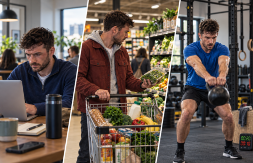 Busy professional moves through work, grocery shopping and a short Tabata kettlebell session, fitting training into a demanding day.