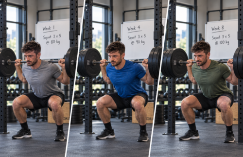 Three-panel sequence showing the same athlete barbell squatting across several weeks as the training load increases from 80 kg to 100 kg.