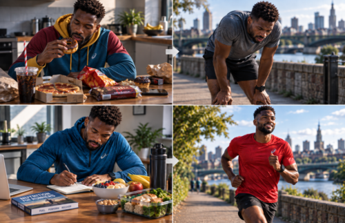 Four-panel sequence showing a runner struggling after poor nutrition, reviewing his diet, improving his food choices, and returning to stronger running.