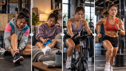Four-stage sequence showing a woman injuring her ankle during training, resting with ice, returning through low-impact cycling, and gradually resuming full exercise.