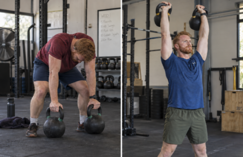 Split image showing the same red-haired athlete exhausted over two kettlebells during one workout, then later standing tall with both kettlebells pressed overhead.