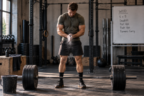Athlete standing over a loaded barbell in a stripped-back gym, chalking his hands and preparing calmly for a deadlift.