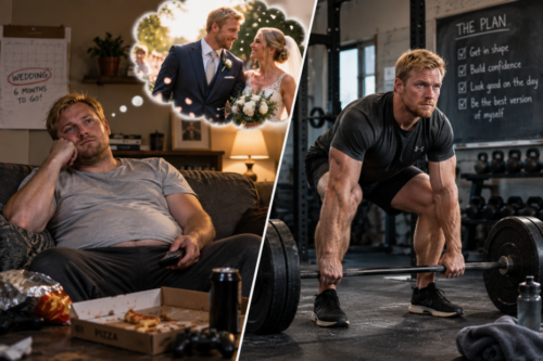 Split image showing an overweight blond man imagining getting into shape for his wedding, then training seriously in the gym toward that goal.