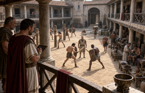 A lanista watches gladiators spar, strike training posts and receive medical care inside a Roman ludus courtyard.