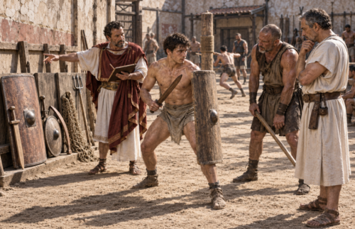 A lanista, doctore and medic assess a gladiator recruit practising with a wooden sword and shield inside a Roman ludus.