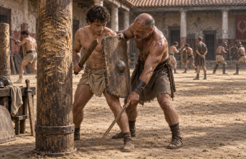 An experienced doctore corrects a gladiator recruit’s shield position and stance beside a scarred training post inside a Roman ludus.