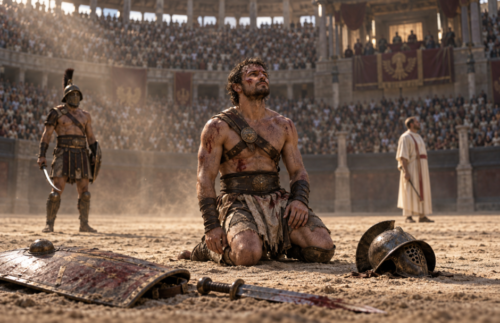 A defeated Roman gladiator kneels calmly in the arena while the victor and an official await the final decision.