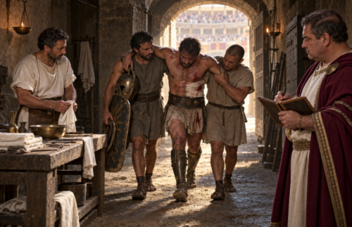 A wounded Roman gladiator is supported from the arena towards a waiting medic while his lanista records his condition.