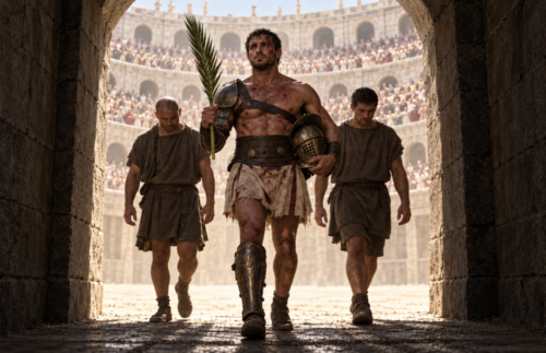 A victorious Roman gladiator carrying a palm branch and helmet walks into an arena tunnel between two guides as the crowd watches behind.