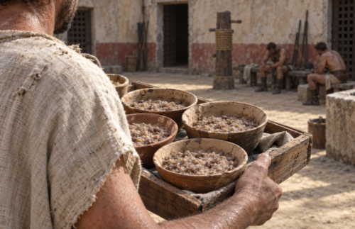 A Roman ludus attendant carries bowls of barley-and-bean porridge towards gladiators resting in a dusty training courtyard.