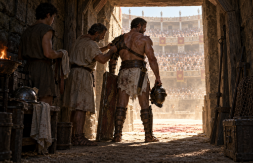 A gladiator waits at the arena entrance while a trainer fastens his armour and the Roman crowd watches beyond.