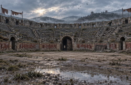 An abandoned provincial Roman amphitheatre stands empty as weeds, rainwater and decay gradually reclaim the arena.