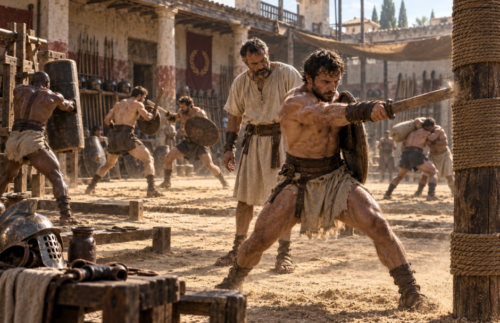Gladiators training inside a Roman ludus, practising weapons, shield work and grappling under the supervision of experienced instructors.