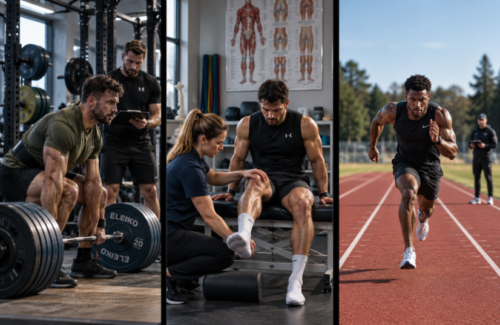 Modern athlete development shown through strength training, physiotherapy-led rehabilitation and sprint performance testing under professional supervision.