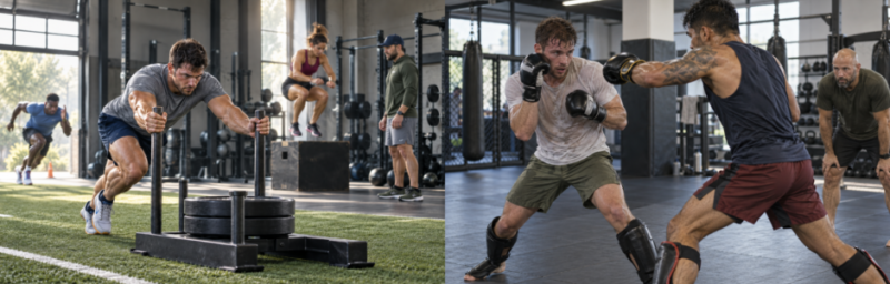 Modern athletes developing strength, power and conditioning in a performance gym, alongside combat athletes practising controlled sparring under the supervision of a coach.