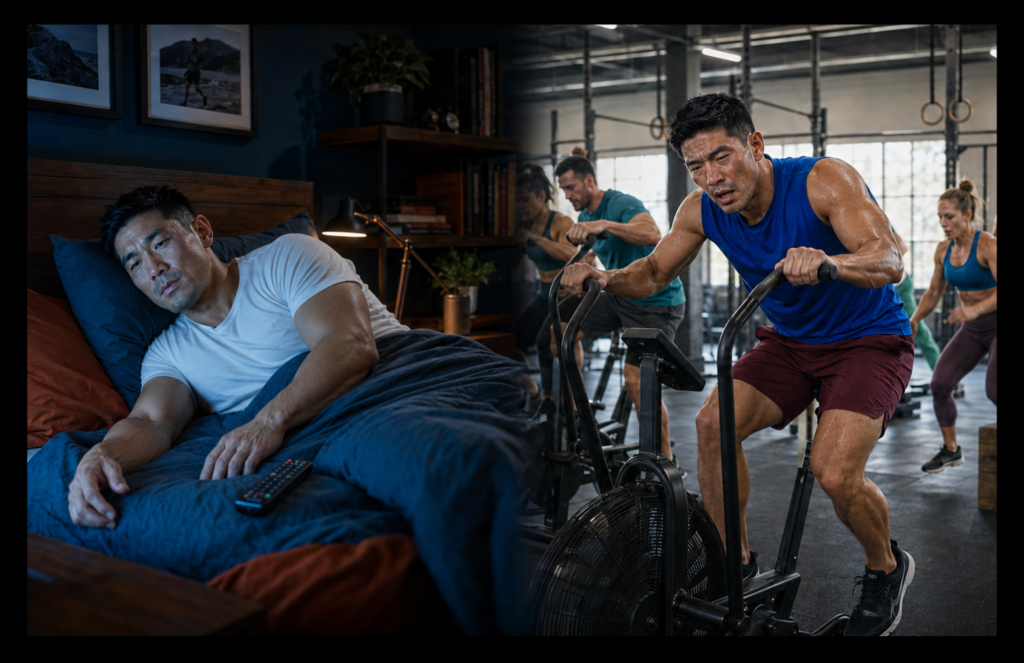 Split image of Kai struggling to sleep at night and exhausted during a group HIIT workout the following day.