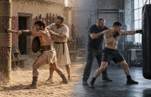 Roman gladiator standing before a packed arena, reflecting the discipline, preparation and spectacle behind gladiatorial combat.