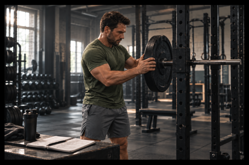 Athlete loading a barbell in a bright industrial gym with his training log nearby, putting a structured fitness plan into action.