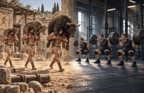 Milo carries increasingly larger cattle beside a modern athlete squatting progressively heavier barbells.