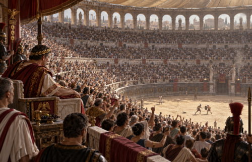 A Roman emperor watches a packed amphitheatre crowd cheering as two gladiators fight in the arena below.