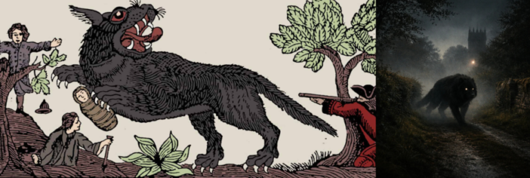 Two illustrations of the legendary Black Dog: a giant, snarling black hound confronting terrified villagers, and a spectral black dog with glowing eyes stalking a mist-covered country lane.