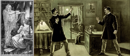 Two vintage illustrations depicting supernatural encounters: a wraith confronting a seated man and a gentleman facing his sinister double.