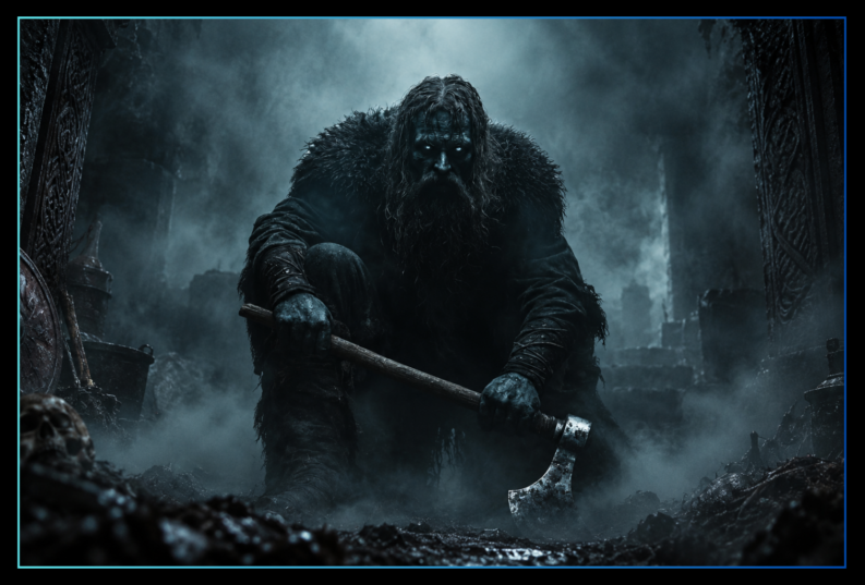 Hulking undead Norse warrior with a desiccated face and ancient axe emerges from a dark stone burial chamber surrounded by carved runic pillars.
