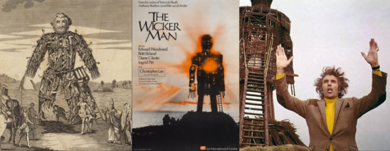 Three images depicting the Wicker Man: a historical engraving of a giant wicker effigy, the 1973 horror film poster, and a dramatic scene from the film featuring a towering wicker structure.