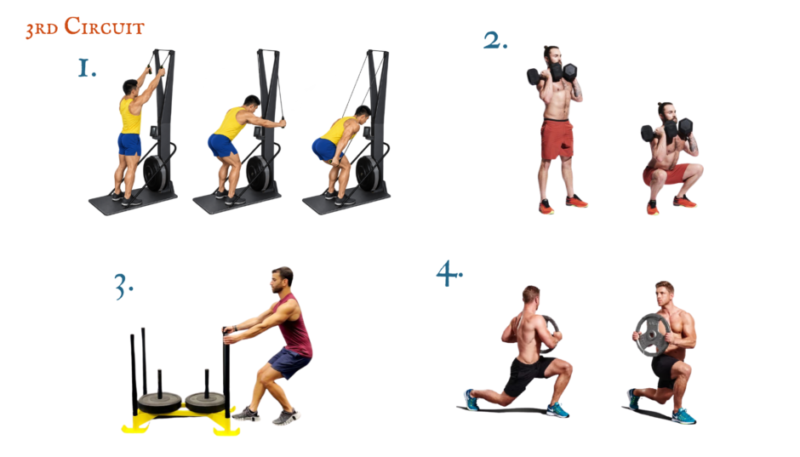 Resistance and functional fitness exercise demonstrations for The Devil's Due workout, featuring escalating difficulty and Faustian bargains.
