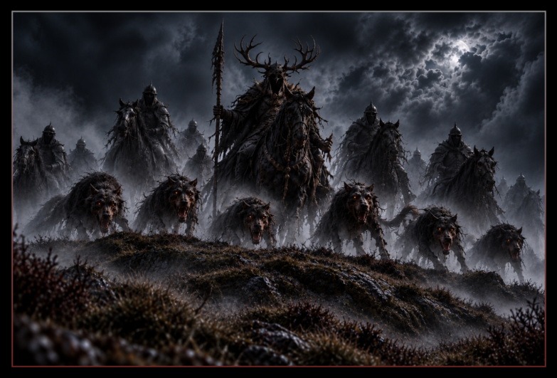 Spectral horsemen and a terrifying huntsman charge across a dark moorland hill, accompanied by a pack of ghostly hounds beneath storm clouds.