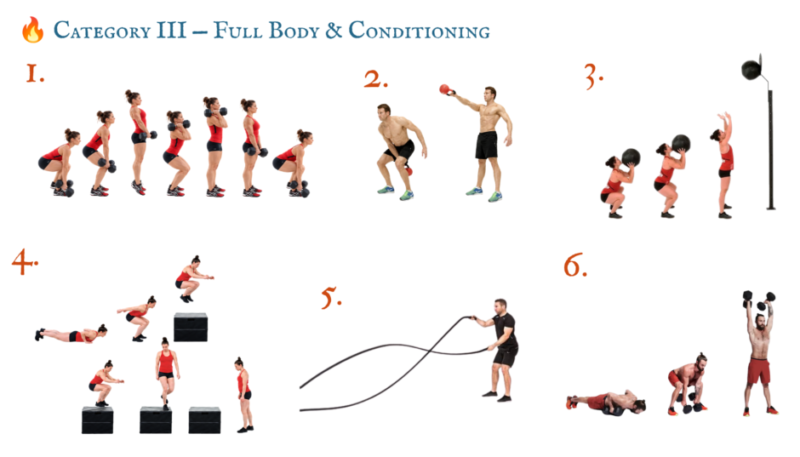 Full-body strength and conditioning exercise demonstrations for The Wraith, a competitive two-person workout featuring tactical exercise selection.