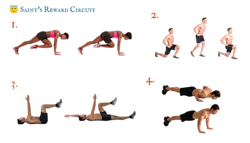 Resistance and functional fitness exercise demonstrations for The Devil's Due workout, featuring escalating difficulty and Faustian bargains.