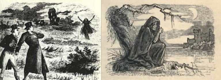 Two vintage illustrations associated with the Banshee legend: a ghostly female apparition approaching two startled figures in a bleak landscape, and a mourning hooded woman seated beneath a skeletal shape near ruined buildings.