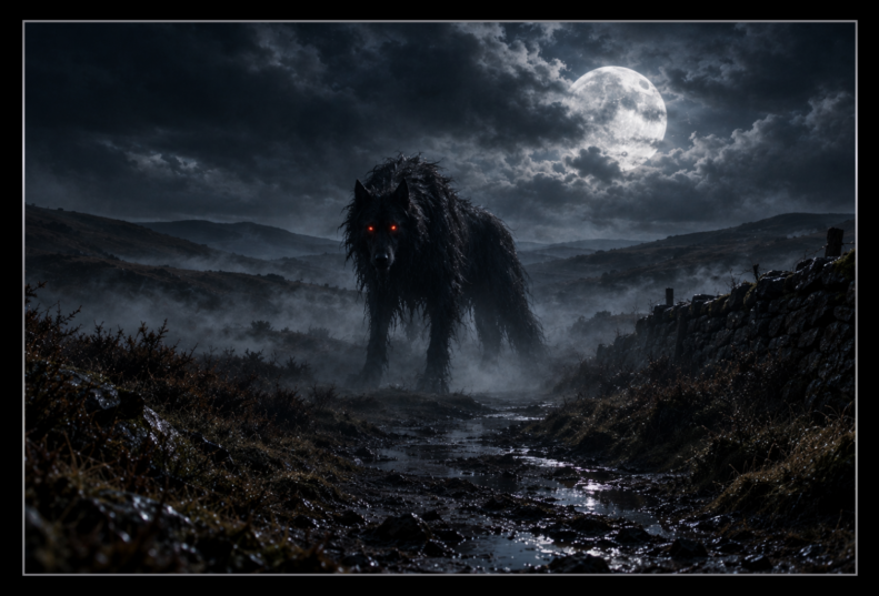 Enormous black hellhound with glowing red eyes emerges from the mist on a deserted moorland track, beneath a veiled full moon.