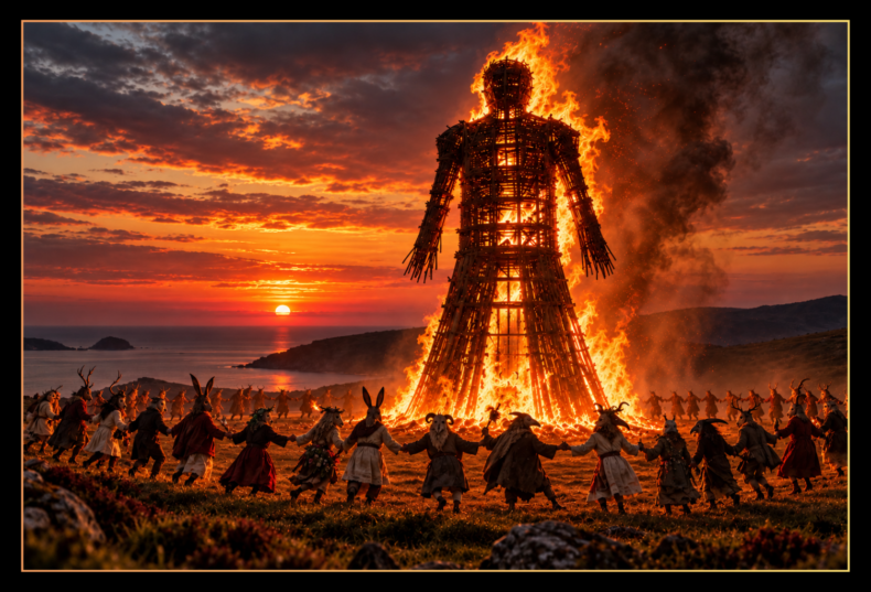 Giant burning wicker effigy towers over a gathering of masked villagers at sunset, illuminating the surrounding countryside with flames.