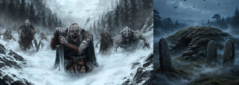 Two images depicting the Draugr legend: undead Norse warriors emerging through a frozen mountain landscape, and a mist-shrouded burial mound flanked by carved standing stones.