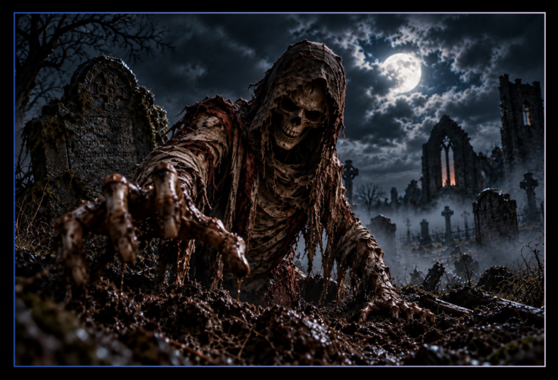 Hooded skeletal revenant rises from the muddy earth near a ruined medieval abbey, its grinning skull emerging from the darkness.