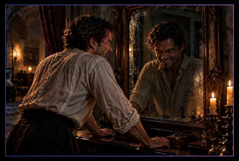 Man leaning against a dresser in a dimly lit room confronts a sinister reflection in an old mirror, where his double wears an unnatural, threatening grin.