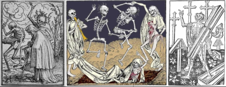 Three medieval-style illustrations depicting skeletal figures rising from graves, confronting the living and wandering among tombstones.