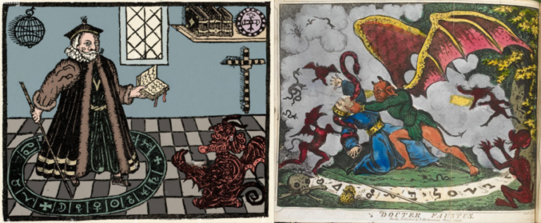 Two vintage illustrations depicting a scholar confronting a demon within a magical circle and Doctor Faustus being seized by the Devil amid a gathering of demonic figures.